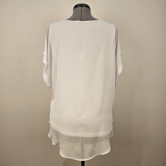 White chiffon lined in stretch knit drop shoulder round neck blouse top M US - Picture 3 of 6